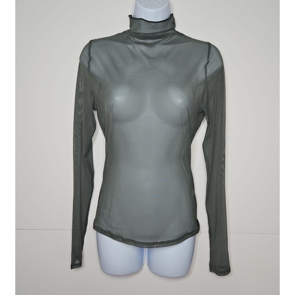 Calia Womens Green Draped Funnel Sheer Mesh Mock Neck Top Size Medium NWT
